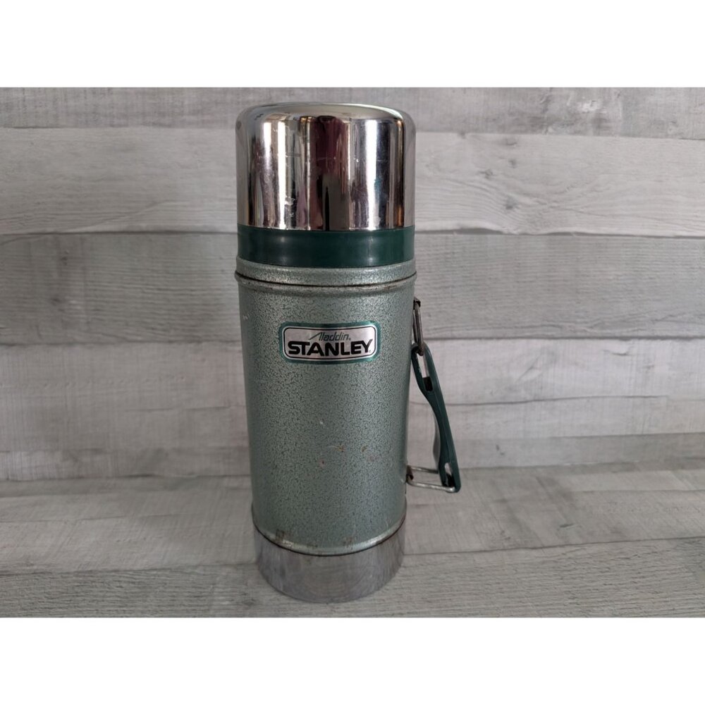 Vtg Aladdin Stanley Thermos Green Chrome Metal 1 Quart Handle Retro Camping Gear